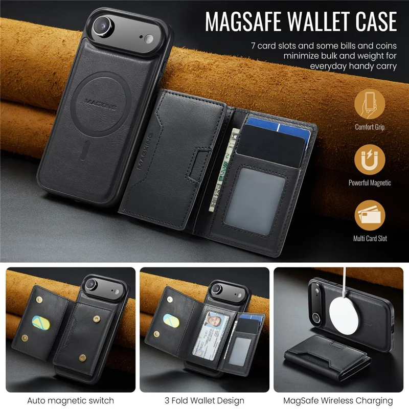 Série MAGKING K4 para Capa de iPhone Air Compatível com Carteira Destacável MagSafe PU TPU PC - Preto