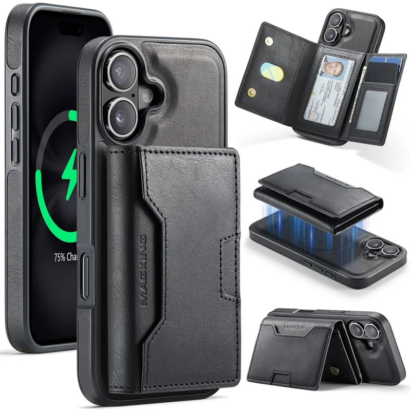 MAGKING K4 Series For iPhone 16 Case Compatible with MagSafe Detachable Wallet PU TPU PC Phone Cover - Black