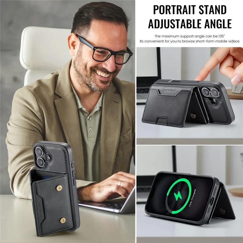 MAGKING K4 Series For iPhone 16 Case Compatible with MagSafe Detachable Wallet PU TPU PC Phone Cover - Black