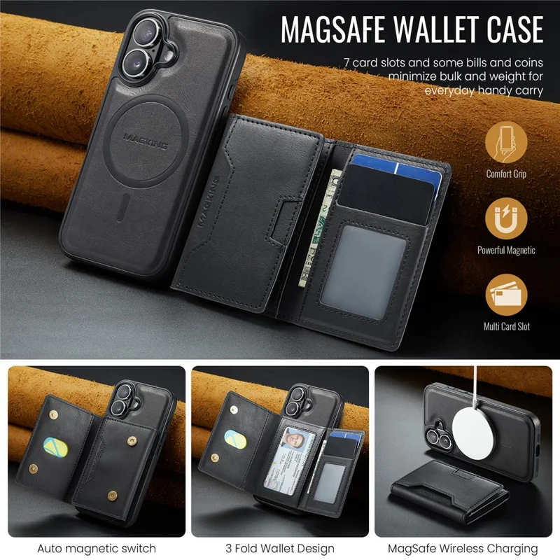 MAGKING K4 Series For iPhone 16 Case Compatible with MagSafe Detachable Wallet PU TPU PC Phone Cover - Black