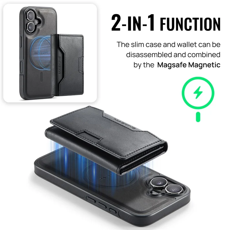 Cover per iPhone 16 Plus Serie MAGKING K4 Compatibile con MagSafe, Portafoglio Staccabile in PU TPU PC - Nero