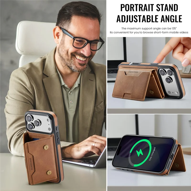 Série MAGKING K4 para iPhone 17 Pro Case Compatível com Carteira Destacável MagSafe PU TPU PC Capa de Telefone - Marrom
