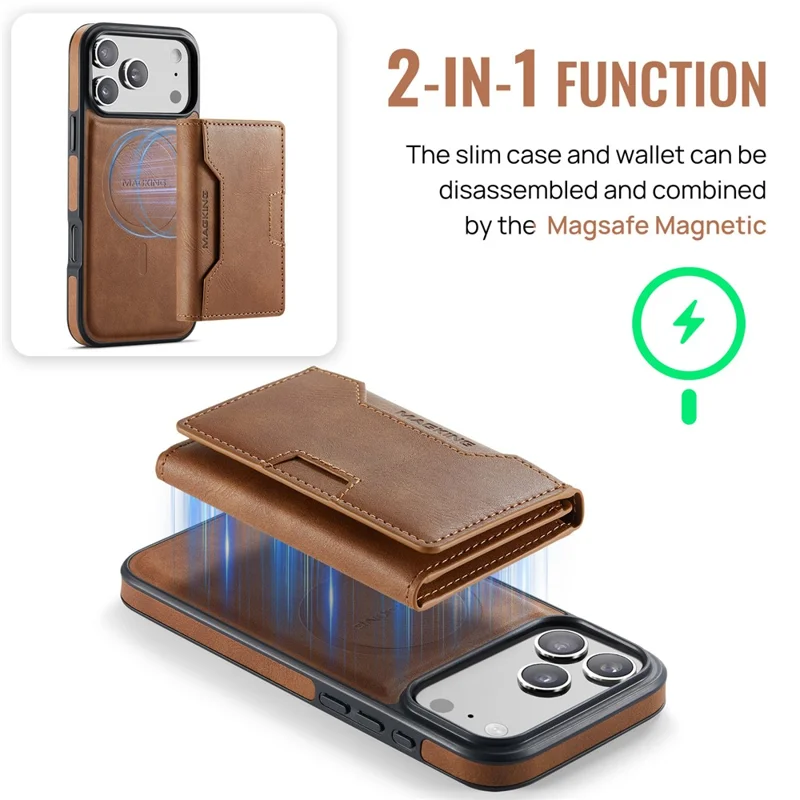 Série MAGKING K4 para iPhone 17 Pro Case Compatível com Carteira Destacável MagSafe PU TPU PC Capa de Telefone - Marrom