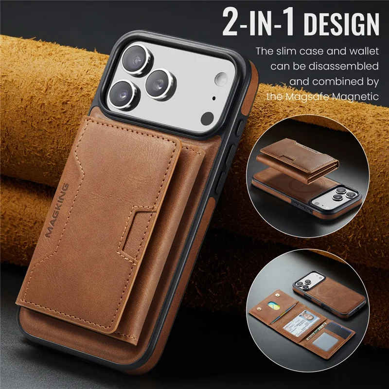 Série MAGKING K4 para iPhone 17 Pro Case Compatível com Carteira Destacável MagSafe PU TPU PC Capa de Telefone - Marrom