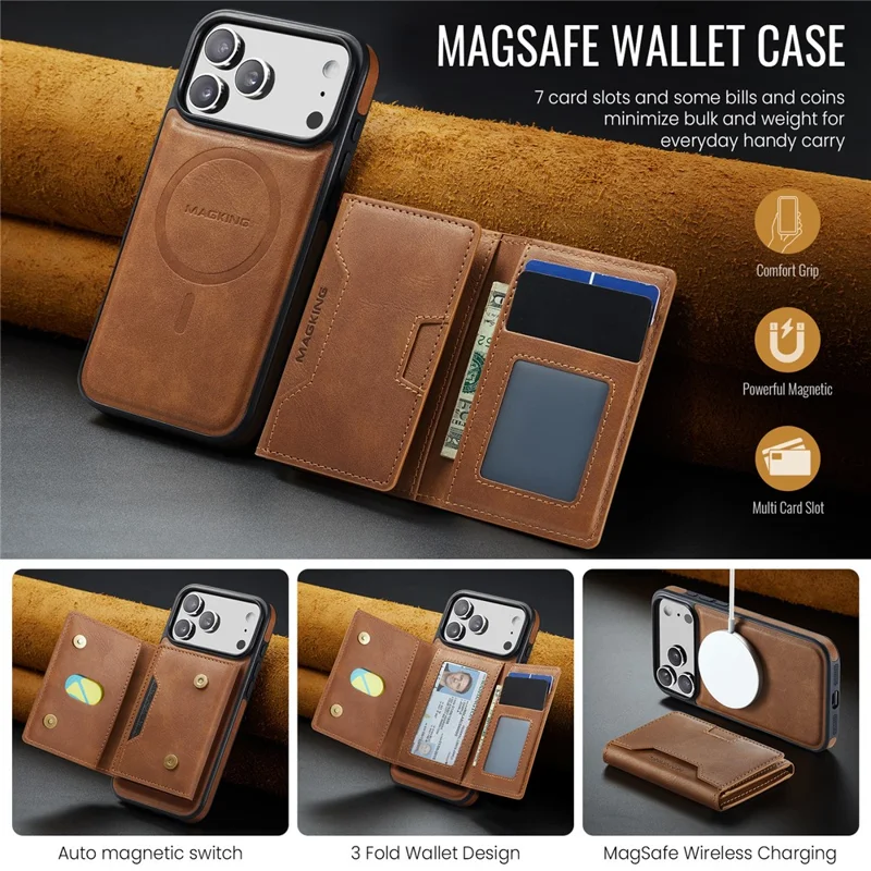 Série MAGKING K4 para iPhone 17 Pro Case Compatível com Carteira Destacável MagSafe PU TPU PC Capa de Telefone - Marrom