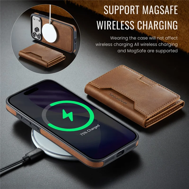 Série MAGKING K4 para iPhone 17 Pro Case Compatível com Carteira Destacável MagSafe PU TPU PC Capa de Telefone - Marrom
