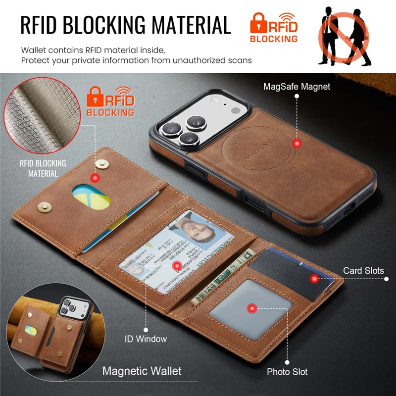 Série MAGKING K4 para iPhone 17 Pro Case Compatível com Carteira Destacável MagSafe PU TPU PC Capa de Telefone - Marrom