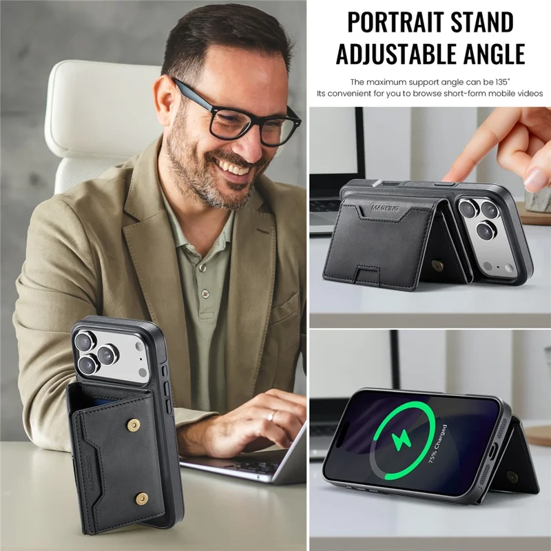 MAGKING K4 Série para Capa de iPhone 17 Pro Max Compatível com Carteira Destacável MagSafe PU TPU PC - Preto