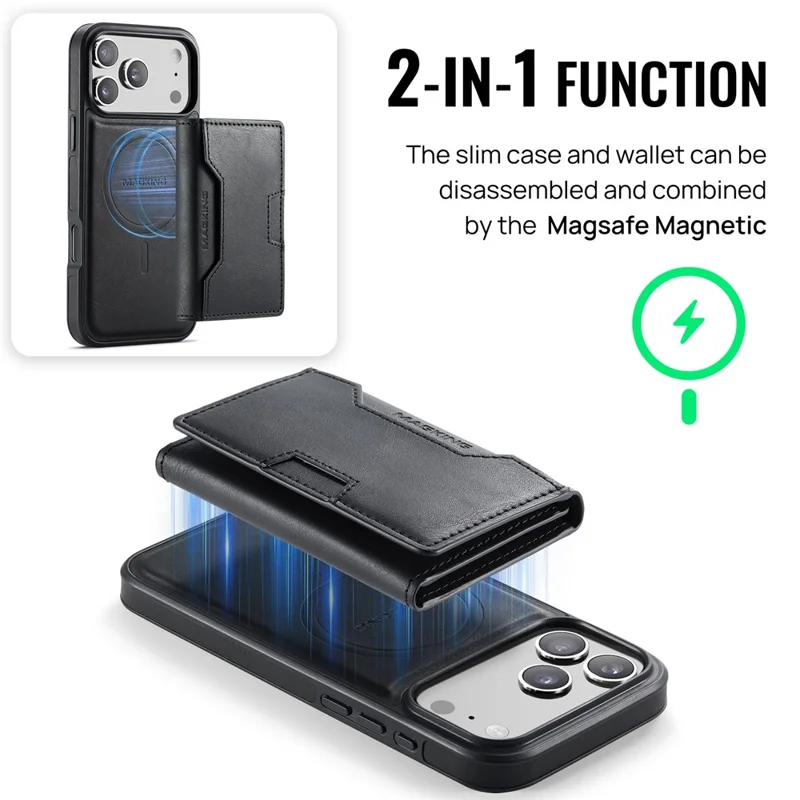 MAGKING K4 Série para Capa de iPhone 17 Pro Max Compatível com Carteira Destacável MagSafe PU TPU PC - Preto