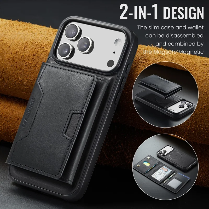 MAGKING K4 Série para Capa de iPhone 17 Pro Max Compatível com Carteira Destacável MagSafe PU TPU PC - Preto