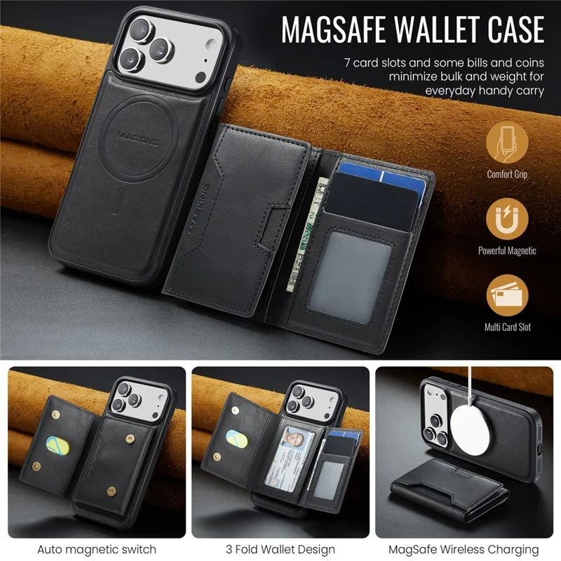 MAGKING K4 Série para Capa de iPhone 17 Pro Max Compatível com Carteira Destacável MagSafe PU TPU PC - Preto