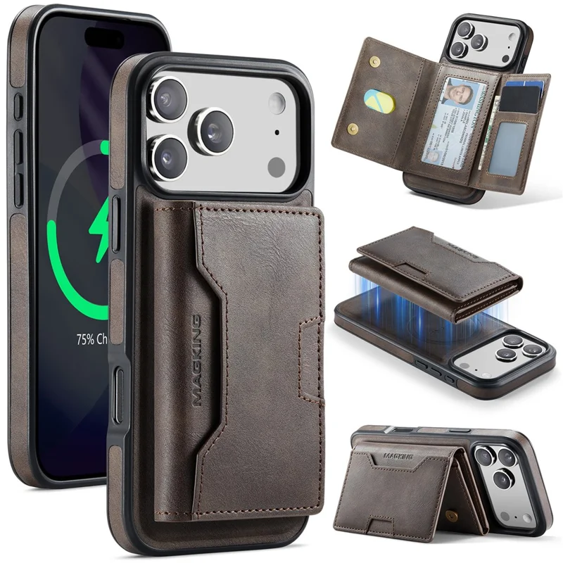 MAGKING K4 Series For iPhone 17 Pro Max Case Compatible with MagSafe Detachable Wallet PU TPU PC Phone Cover - Coffee