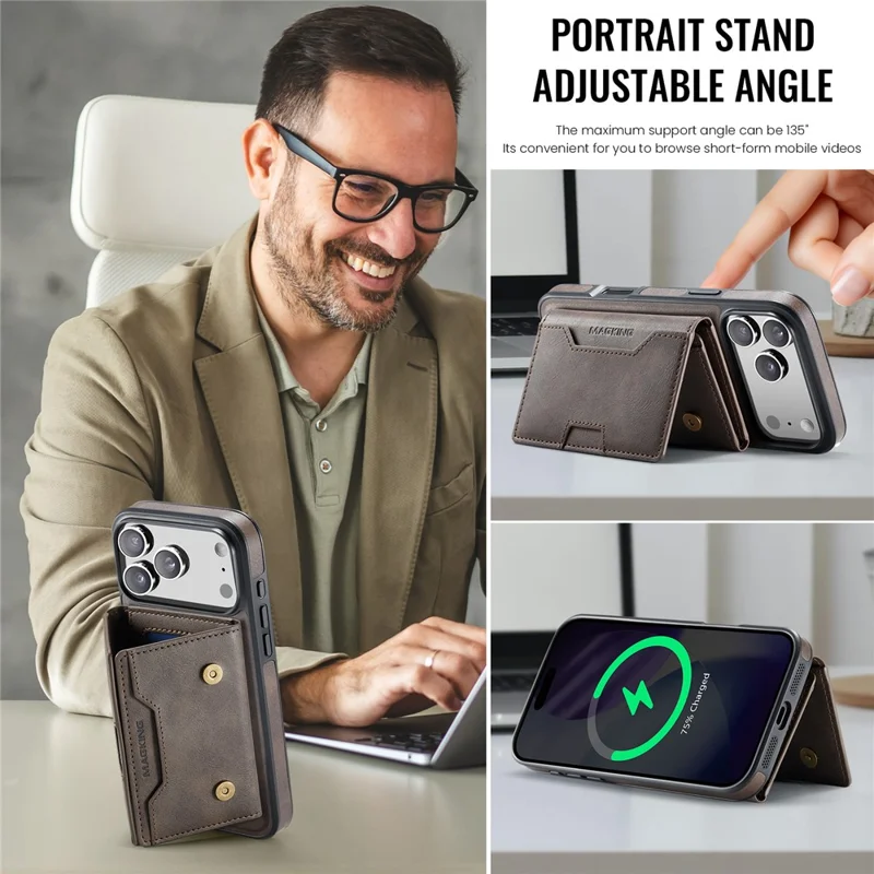 MAGKING K4 Series For iPhone 17 Pro Max Case Compatible with MagSafe Detachable Wallet PU TPU PC Phone Cover - Coffee