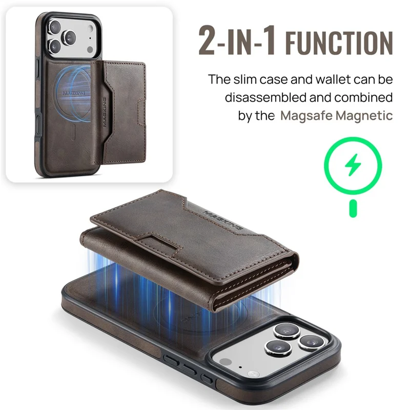 MAGKING K4 Series For iPhone 17 Pro Max Case Compatible with MagSafe Detachable Wallet PU TPU PC Phone Cover - Coffee