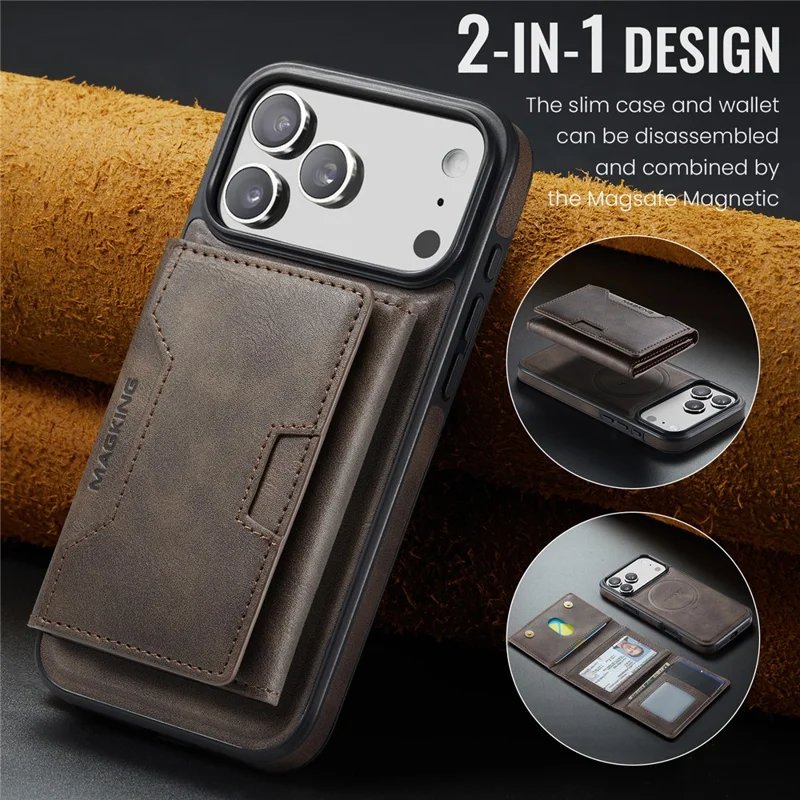 MAGKING K4 Series For iPhone 17 Pro Max Case Compatible with MagSafe Detachable Wallet PU TPU PC Phone Cover - Coffee