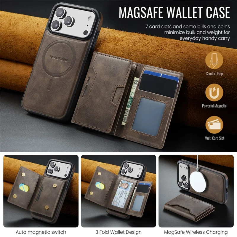 MAGKING K4 Series For iPhone 17 Pro Max Case Compatible with MagSafe Detachable Wallet PU TPU PC Phone Cover - Coffee