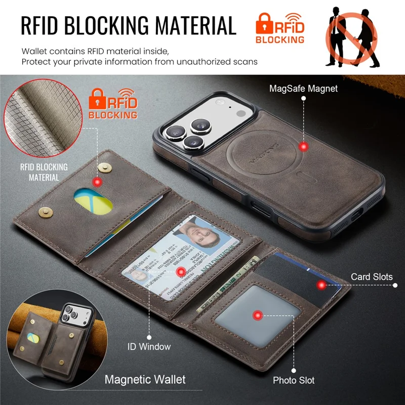 MAGKING K4 Series For iPhone 17 Pro Max Case Compatible with MagSafe Detachable Wallet PU TPU PC Phone Cover - Coffee