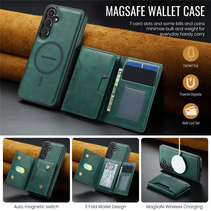 MAGKING K4 Serie für Samsung Galaxy S25 FE Hülle, kompatibel mit MagSafe, abnehmbares Wallet, PU TPU PC Handyhülle - Grün