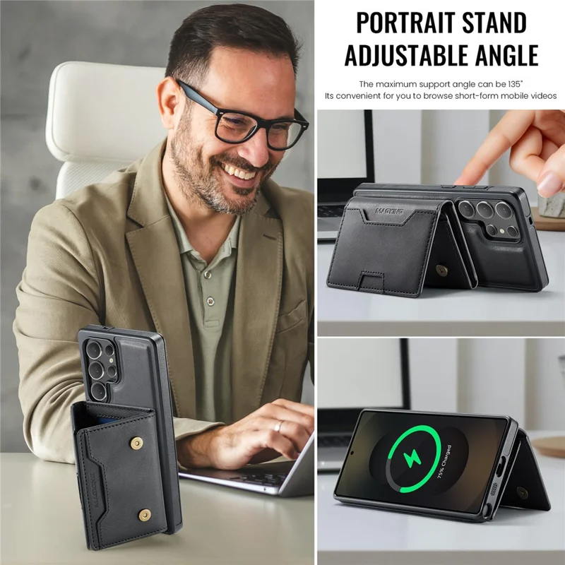 MAGKING K4 Série Para Samsung Galaxy S25 Ultra Case Compatível com MagSafe Carteira Destacável PU TPU PC Capa de Telefone - Preto