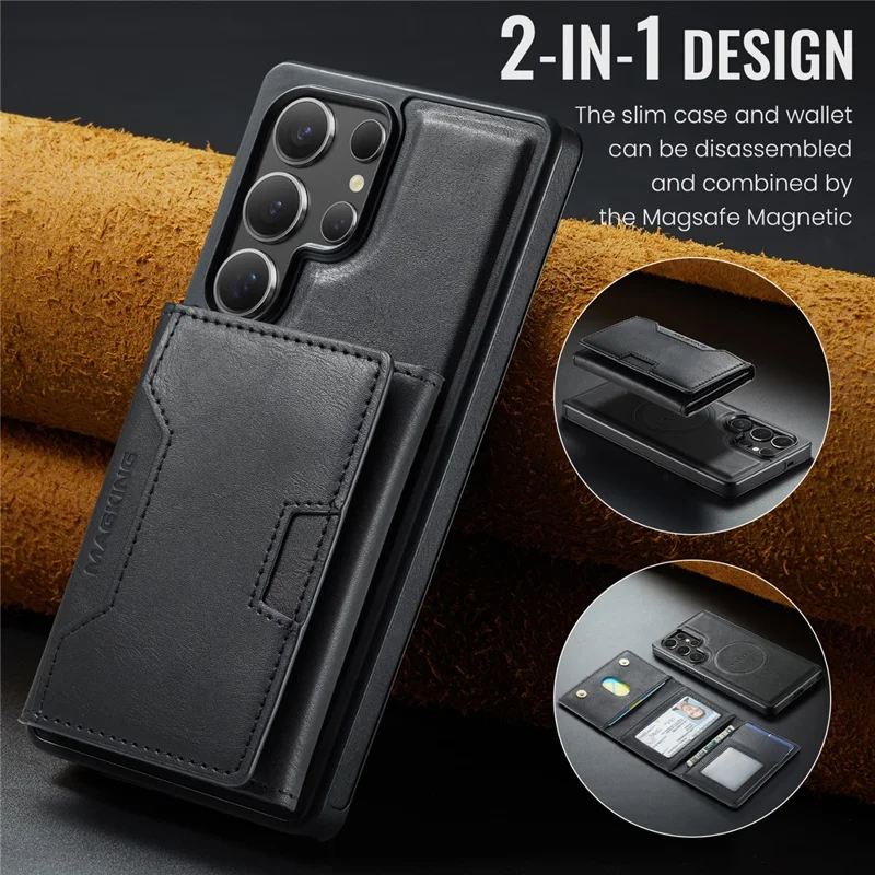 MAGKING K4 Série Para Samsung Galaxy S25 Ultra Case Compatível com MagSafe Carteira Destacável PU TPU PC Capa de Telefone - Preto