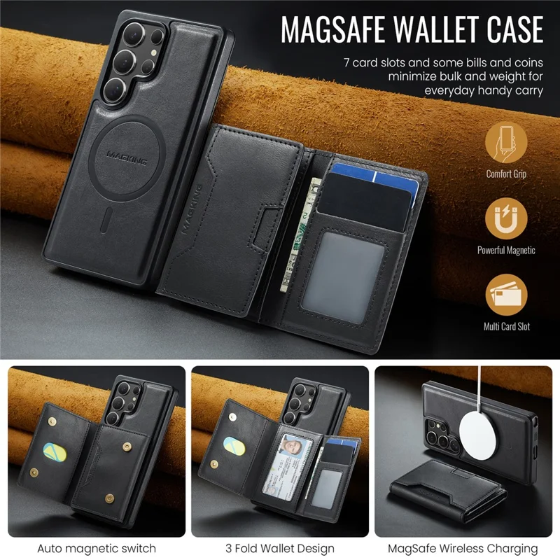 MAGKING K4 Série Para Samsung Galaxy S25 Ultra Case Compatível com MagSafe Carteira Destacável PU TPU PC Capa de Telefone - Preto