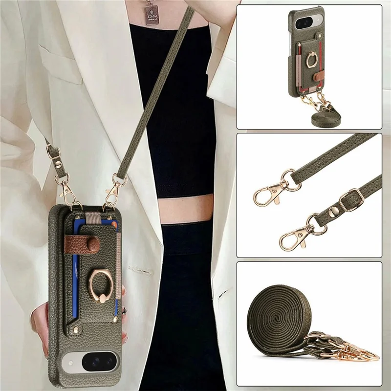 Чехол для Google Pixel 10 / 10 Pro с держателем для карт, кольцом, подставкой, кожаный + пластиковый чехол для телефона с плечевым ремнем - Темно-зеленый