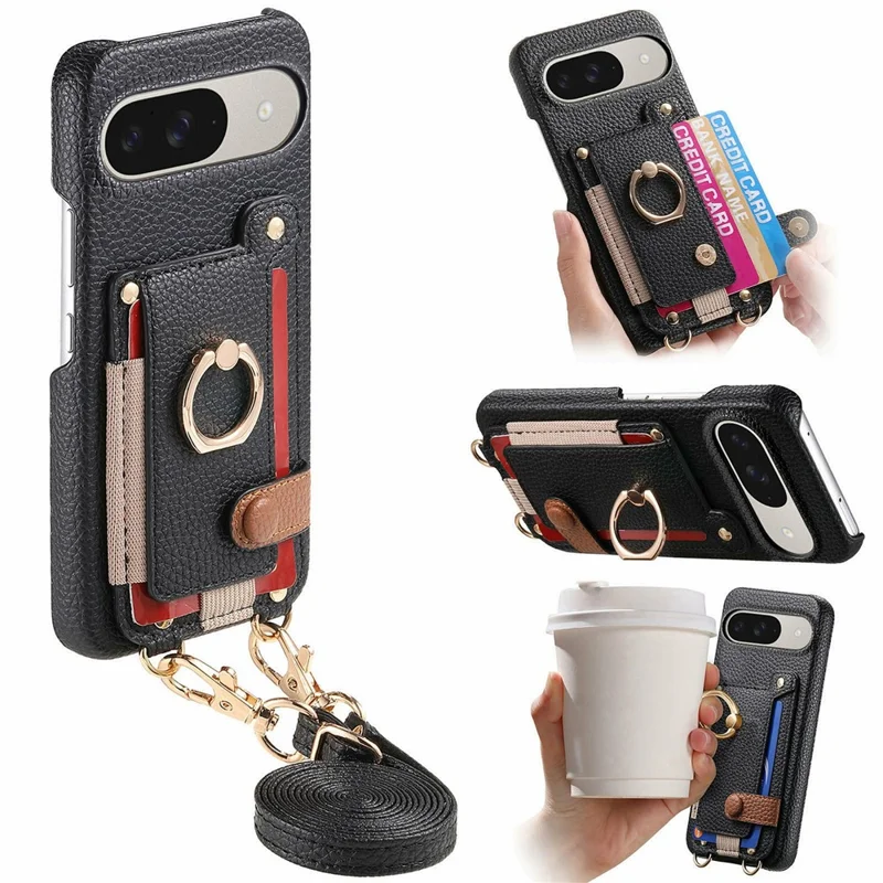 For Google Pixel 10  /  10 Pro Case Card Holder Ring Kickstand Leather + PC Phone Cover with Shoulder Strap - Black