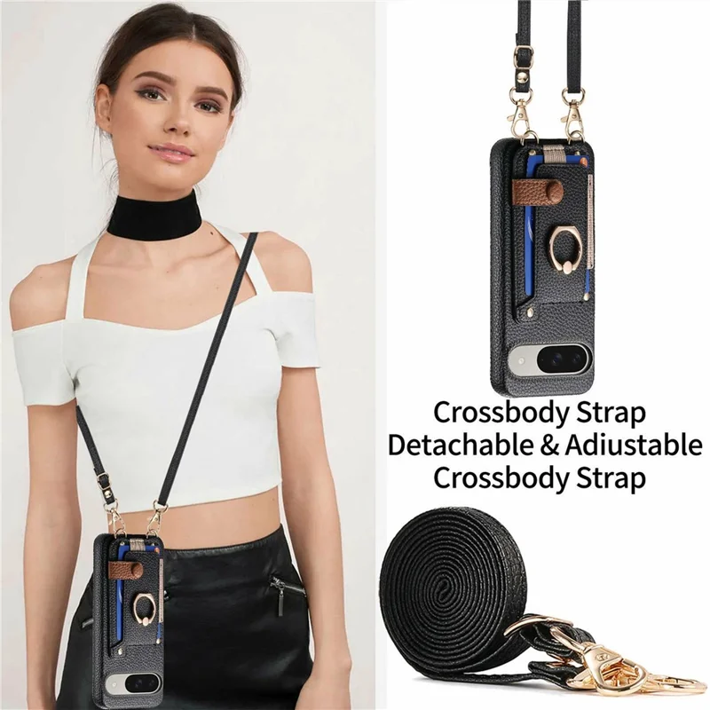 For Google Pixel 10  /  10 Pro Case Card Holder Ring Kickstand Leather + PC Phone Cover with Shoulder Strap - Black