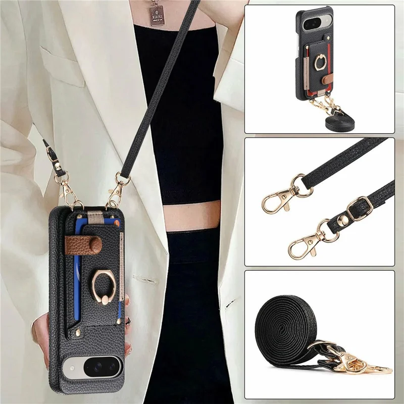 For Google Pixel 10  /  10 Pro Case Card Holder Ring Kickstand Leather + PC Phone Cover with Shoulder Strap - Black