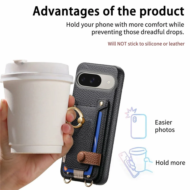 For Google Pixel 10  /  10 Pro Case Card Holder Ring Kickstand Leather + PC Phone Cover with Shoulder Strap - Black