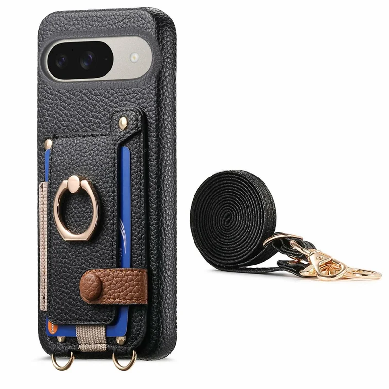 For Google Pixel 10  /  10 Pro Case Card Holder Ring Kickstand Leather + PC Phone Cover with Shoulder Strap - Black