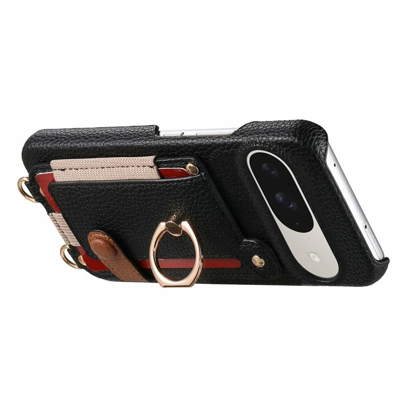 For Google Pixel 10  /  10 Pro Case Card Holder Ring Kickstand Leather + PC Phone Cover with Shoulder Strap - Black