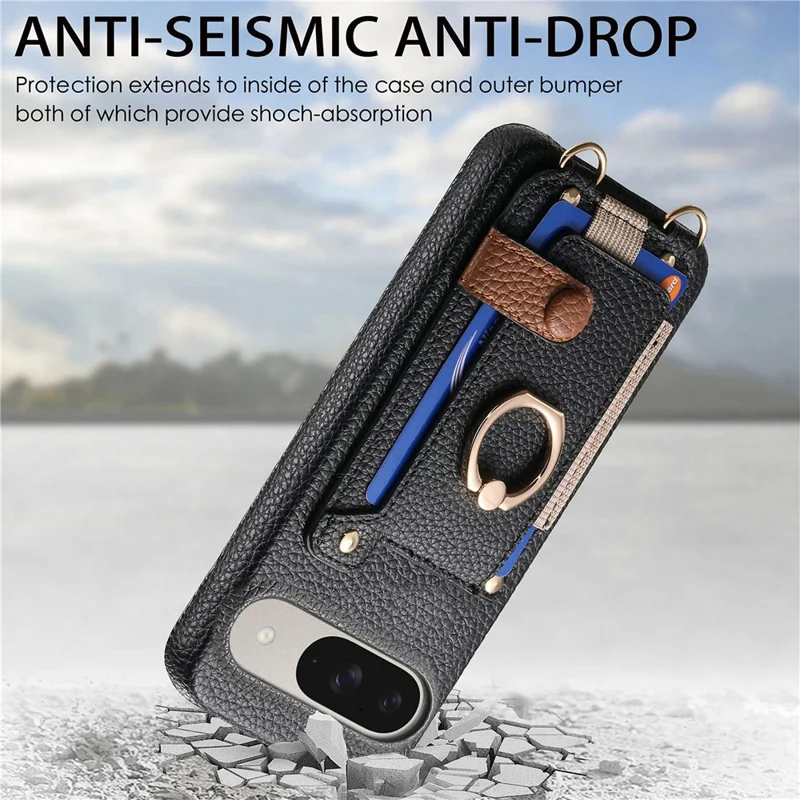 For Google Pixel 10  /  10 Pro Case Card Holder Ring Kickstand Leather + PC Phone Cover with Shoulder Strap - Black