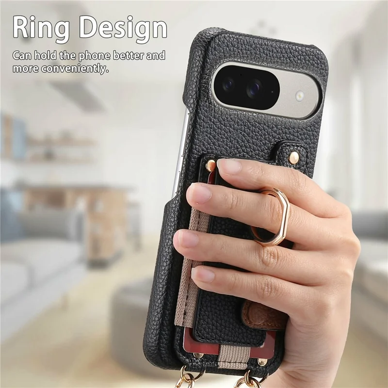 For Google Pixel 10  /  10 Pro Case Card Holder Ring Kickstand Leather + PC Phone Cover with Shoulder Strap - Black