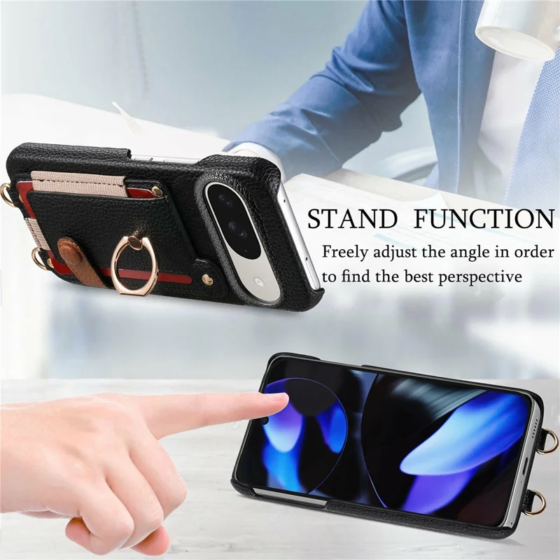 For Google Pixel 10  /  10 Pro Case Card Holder Ring Kickstand Leather + PC Phone Cover with Shoulder Strap - Black