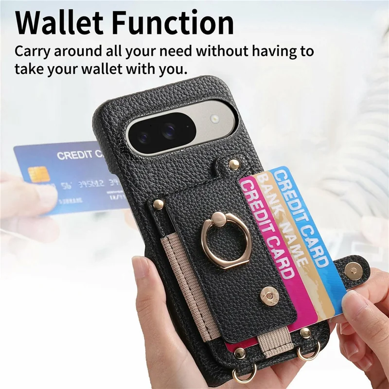 For Google Pixel 10  /  10 Pro Case Card Holder Ring Kickstand Leather + PC Phone Cover with Shoulder Strap - Black