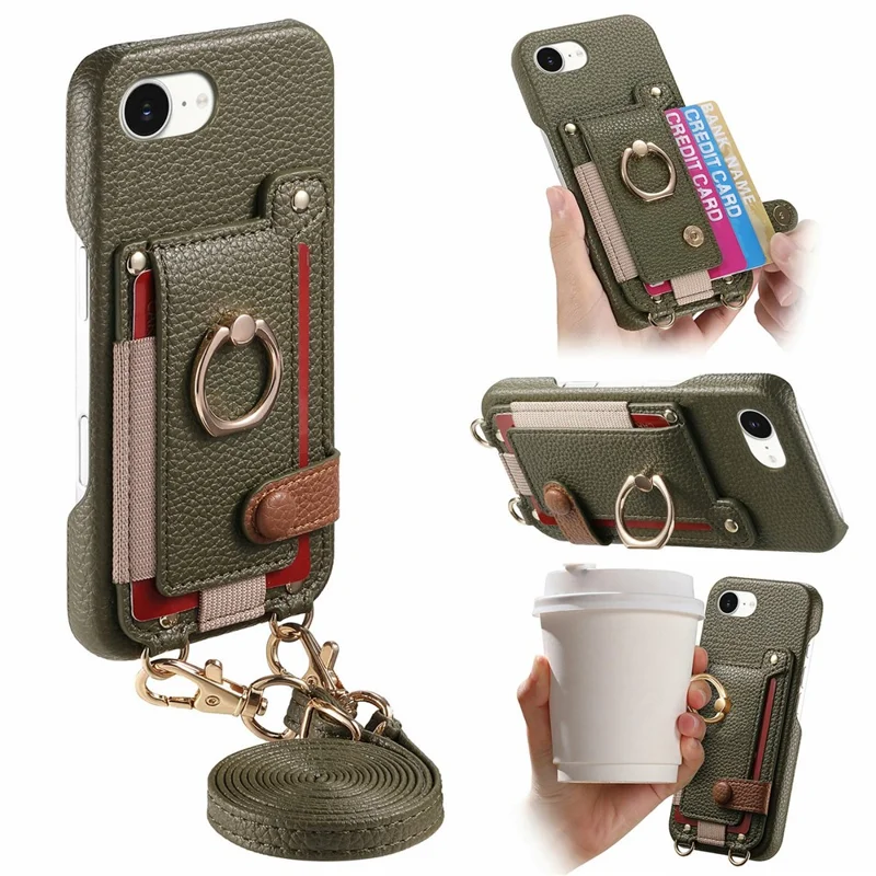 For iPhone 16e Case Card Holder Ring Kickstand Leather + PC Phone Cover with Shoulder Strap - Midnight Green