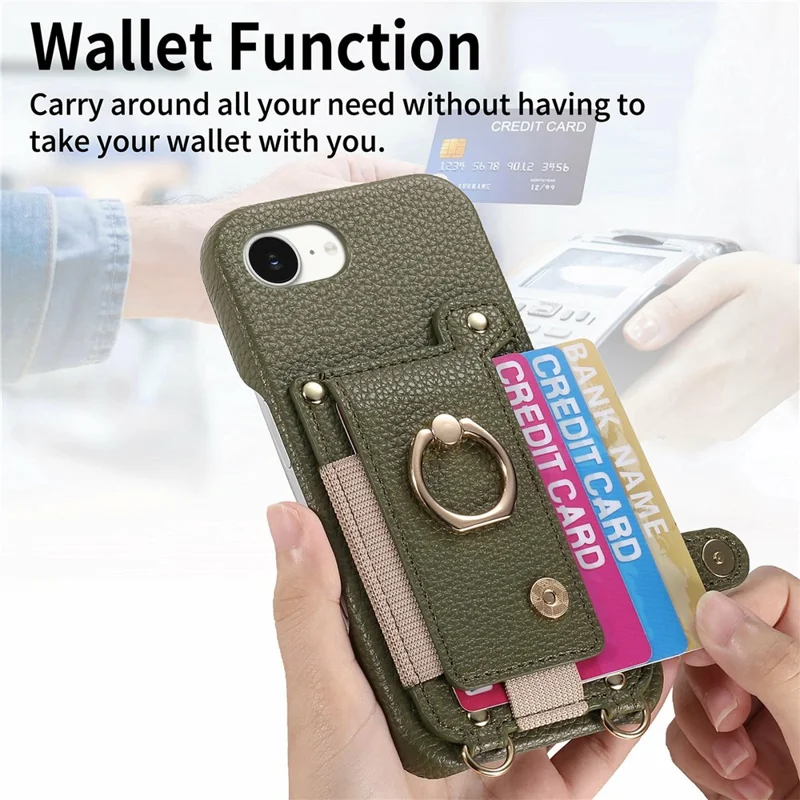 For iPhone 16e Case Card Holder Ring Kickstand Leather + PC Phone Cover with Shoulder Strap - Midnight Green