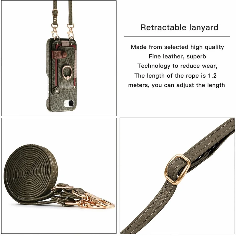 For iPhone 16e Case Card Holder Ring Kickstand Leather + PC Phone Cover with Shoulder Strap - Midnight Green