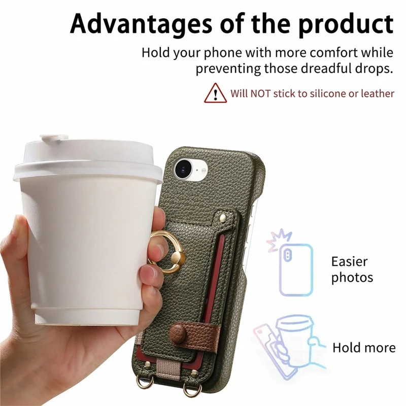 For iPhone 16e Case Card Holder Ring Kickstand Leather + PC Phone Cover with Shoulder Strap - Midnight Green