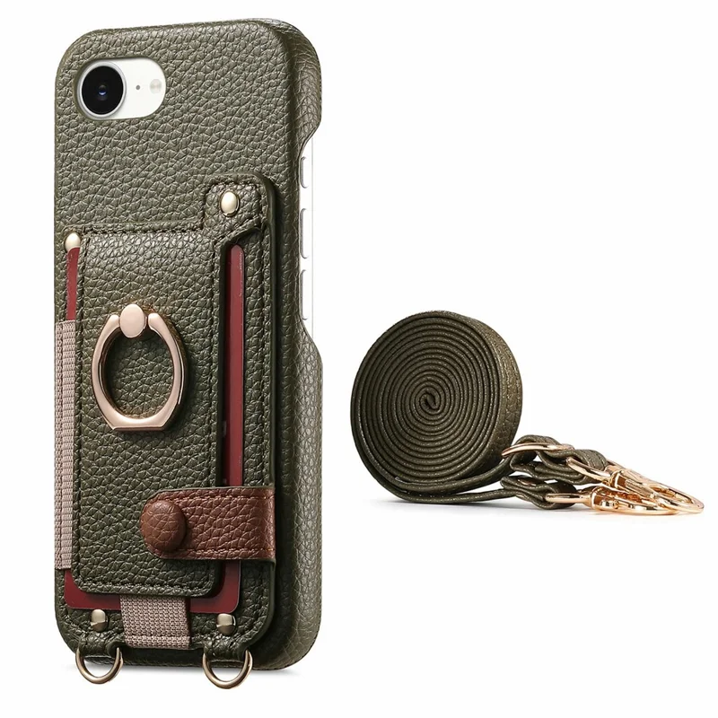 For iPhone 16e Case Card Holder Ring Kickstand Leather + PC Phone Cover with Shoulder Strap - Midnight Green