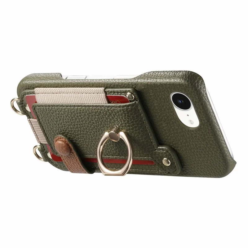 For iPhone 16e Case Card Holder Ring Kickstand Leather + PC Phone Cover with Shoulder Strap - Midnight Green