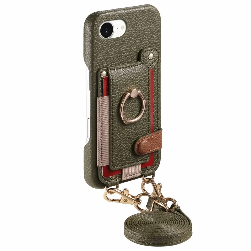 For iPhone 16e Case Card Holder Ring Kickstand Leather + PC Phone Cover with Shoulder Strap - Midnight Green