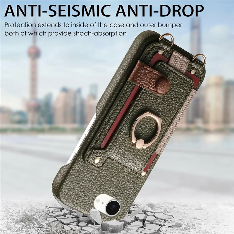 For iPhone 16e Case Card Holder Ring Kickstand Leather + PC Phone Cover with Shoulder Strap - Midnight Green
