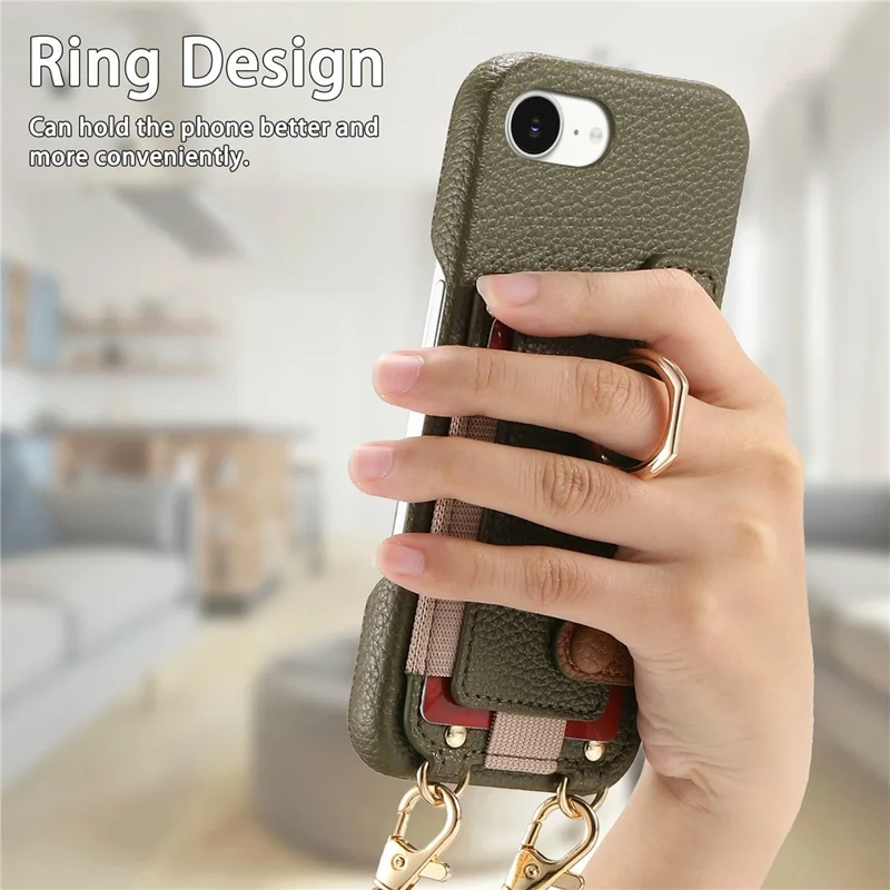 For iPhone 16e Case Card Holder Ring Kickstand Leather + PC Phone Cover with Shoulder Strap - Midnight Green
