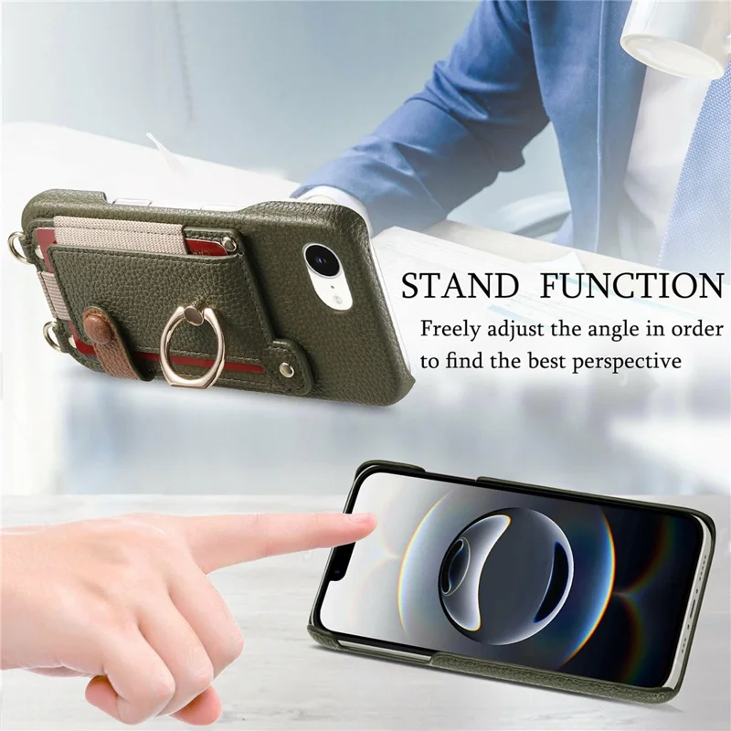 For iPhone 16e Case Card Holder Ring Kickstand Leather + PC Phone Cover with Shoulder Strap - Midnight Green