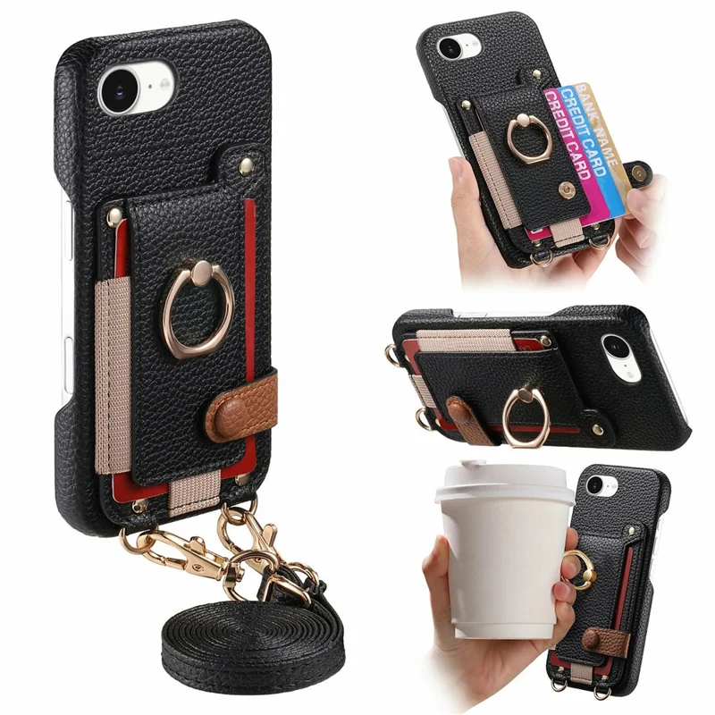 For iPhone 16e Hoesje met Kaarthouder, Ringstandaard, Lederen + PC Telefoonhoes met Schouderband - Zwart