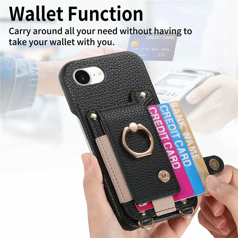 For iPhone 16e Hoesje met Kaarthouder, Ringstandaard, Lederen + PC Telefoonhoes met Schouderband - Zwart