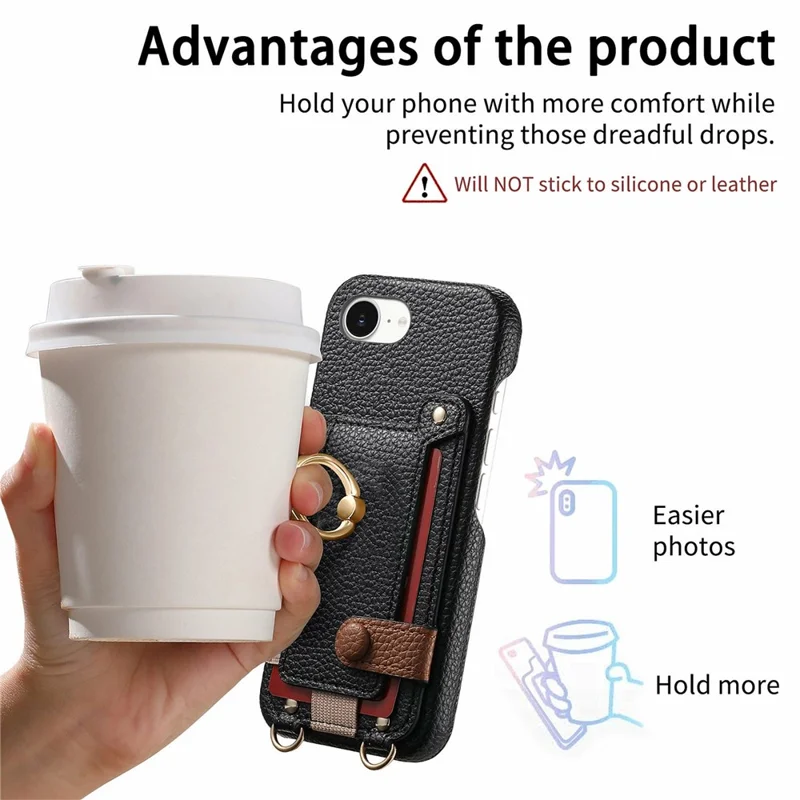 For iPhone 16e Hoesje met Kaarthouder, Ringstandaard, Lederen + PC Telefoonhoes met Schouderband - Zwart