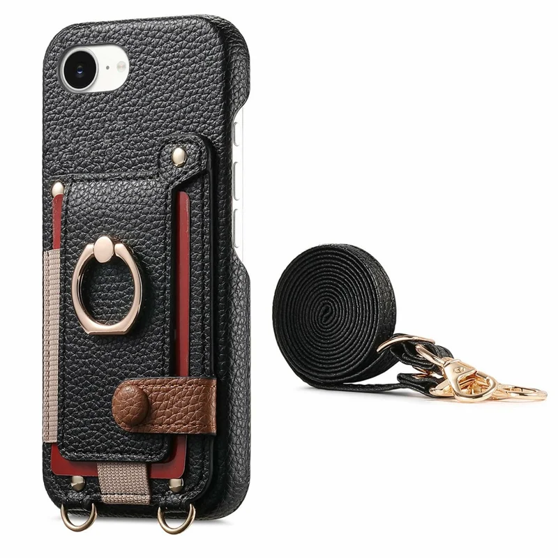For iPhone 16e Hoesje met Kaarthouder, Ringstandaard, Lederen + PC Telefoonhoes met Schouderband - Zwart